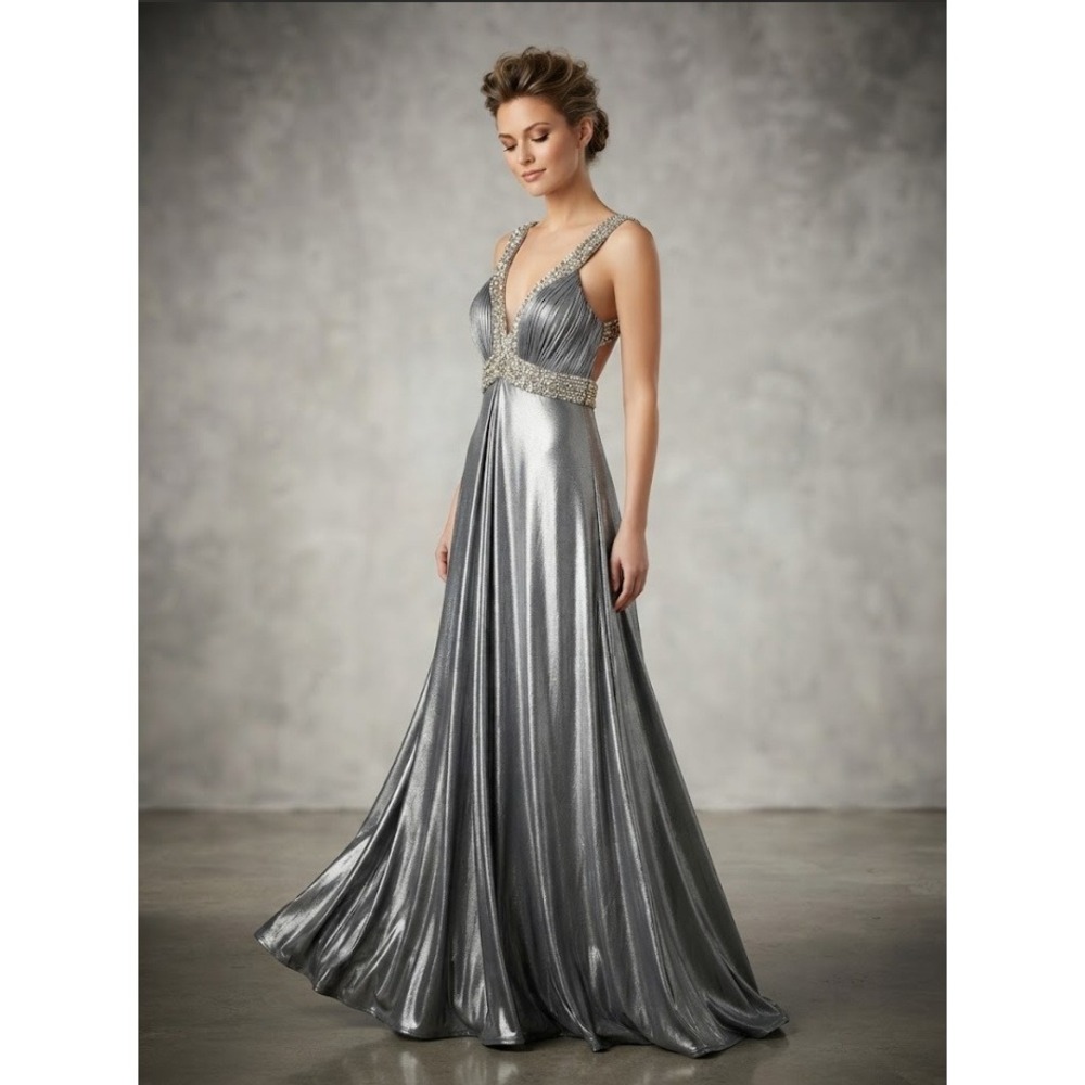 Terani Couture Gown Womens Platinum Beaded Metallic Formal Dress 14 $704